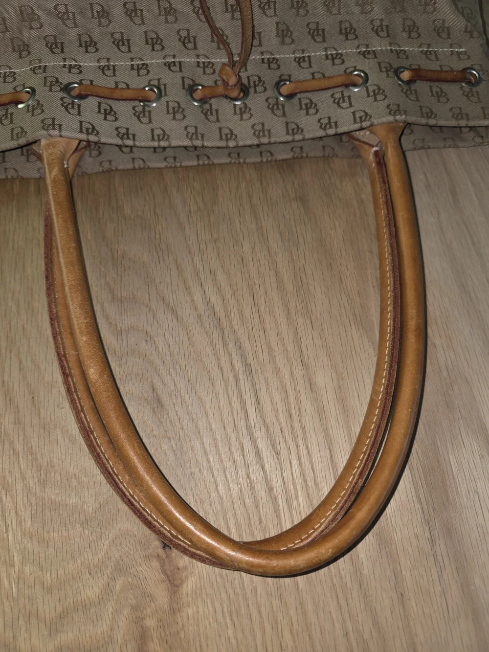 Dooney & Bourke Tan/Brown Monogram Tote with Leather Trim